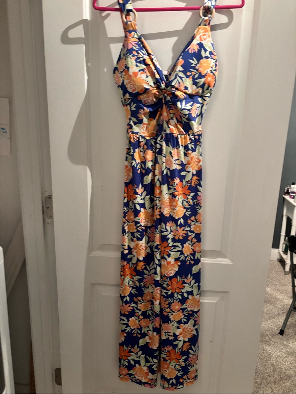 Navy Floral Maxi Dress with Orange & Cream Flowers
